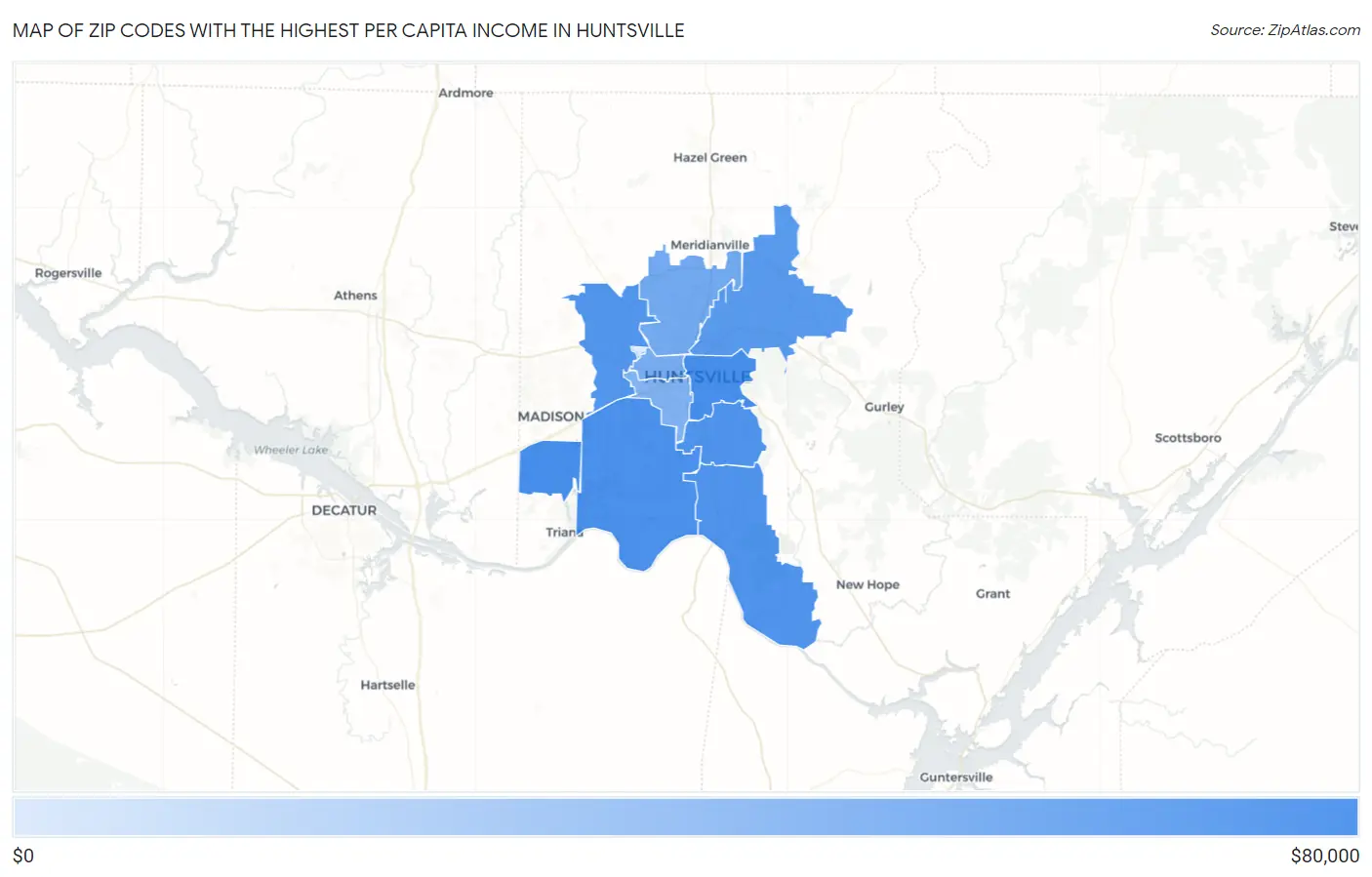 Zip Codes with the Highest Per Capita Income in Huntsville Map