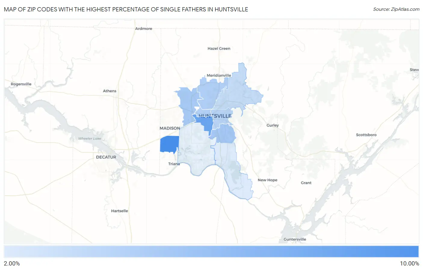 Zip Codes with the Highest Percentage of Single Fathers in Huntsville Map