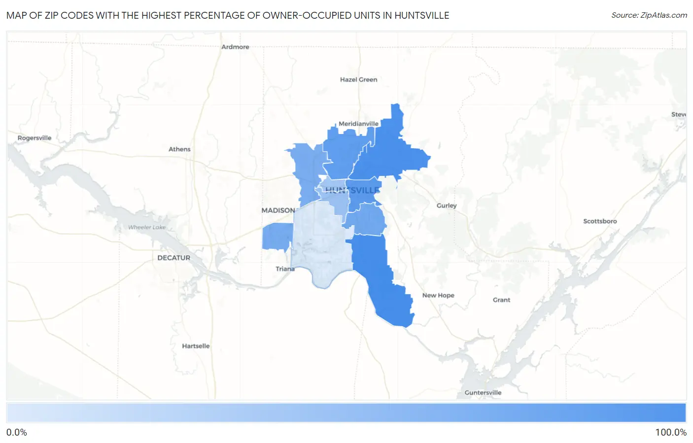 Zip Codes with the Highest Percentage of Owner-Occupied Units in Huntsville Map
