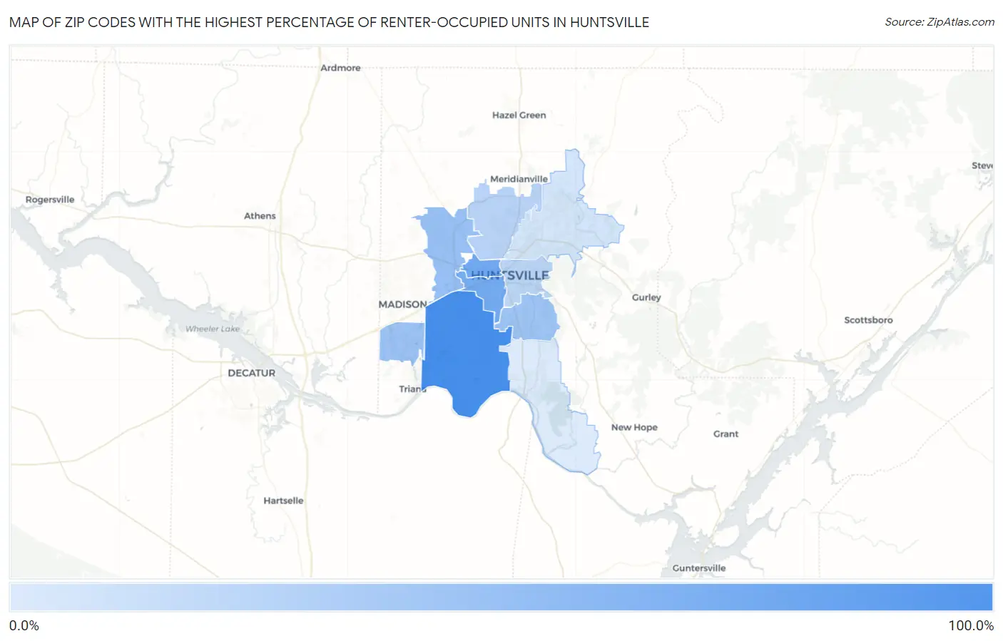 Zip Codes with the Highest Percentage of Renter-Occupied Units in Huntsville Map