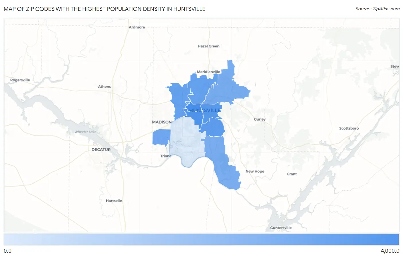 Zip Codes with the Highest Population Density in Huntsville Map