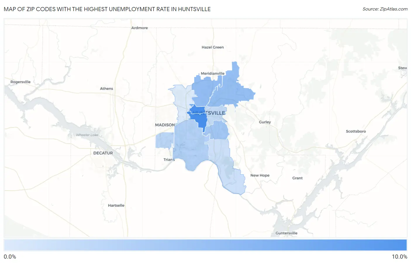 Zip Codes with the Highest Unemployment Rate in Huntsville Map