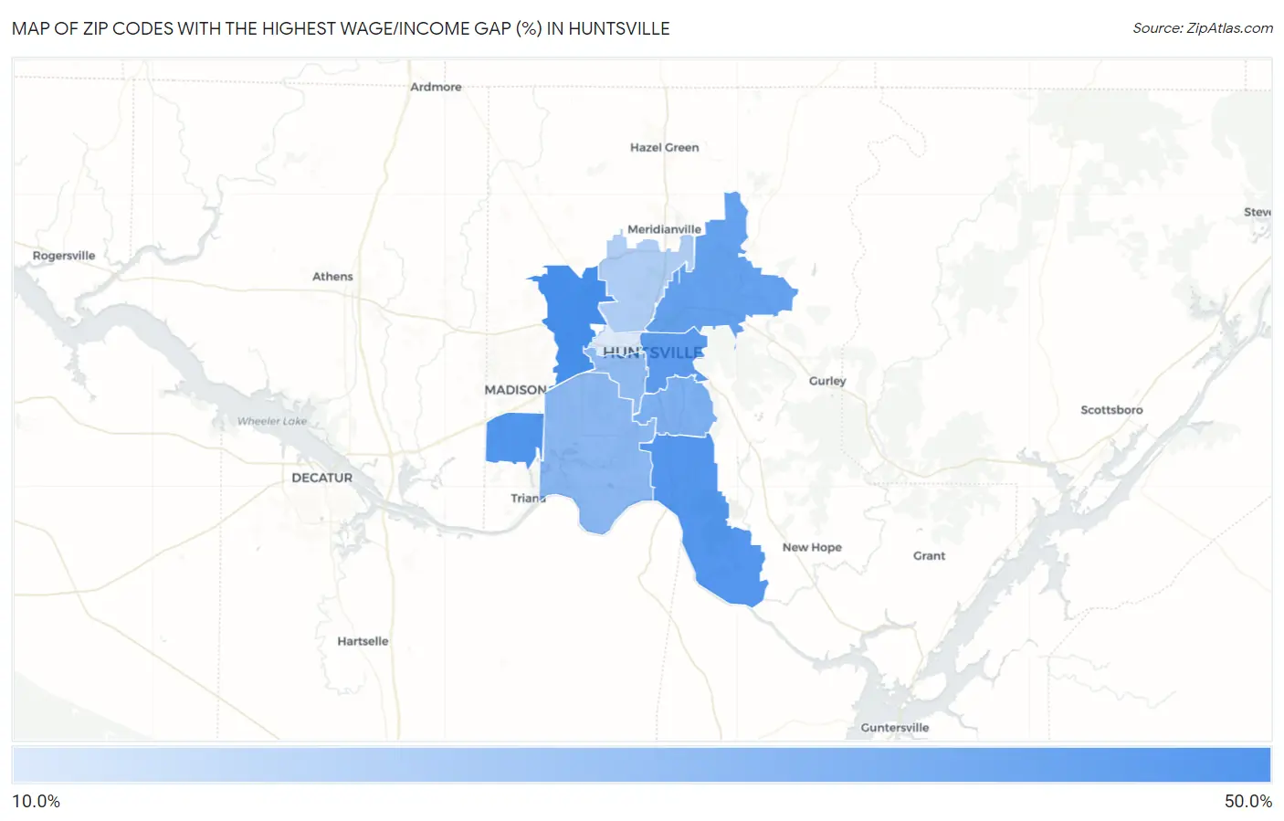 Zip Codes with the Highest Wage/Income Gap (%) in Huntsville Map
