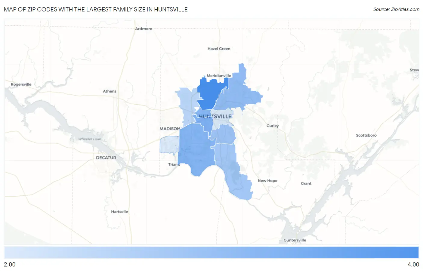 Zip Codes with the Largest Family Size in Huntsville Map
