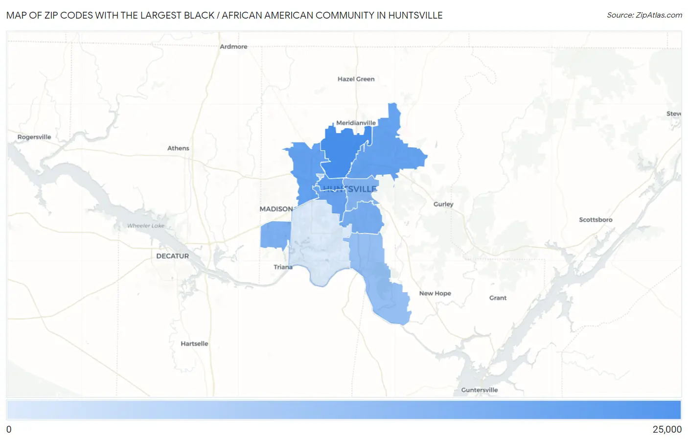 Zip Codes with the Largest Black / African American Community in Huntsville Map