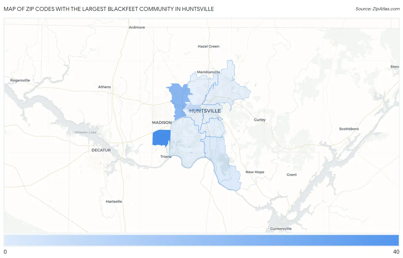 Zip Codes with the Largest Blackfeet Community in Huntsville Map
