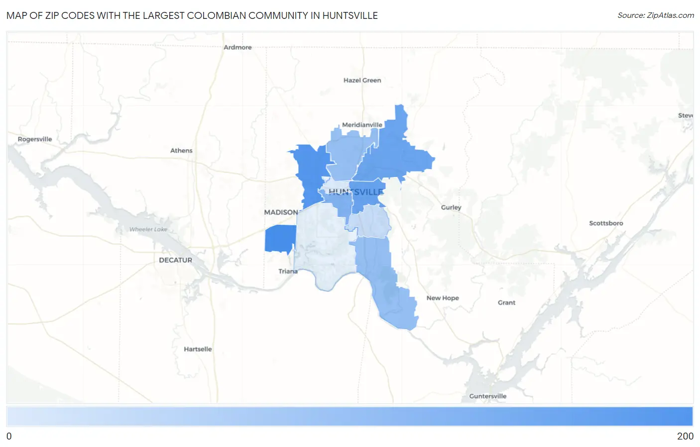 Zip Codes with the Largest Colombian Community in Huntsville Map