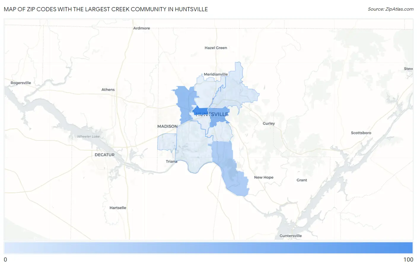 Zip Codes with the Largest Creek Community in Huntsville Map