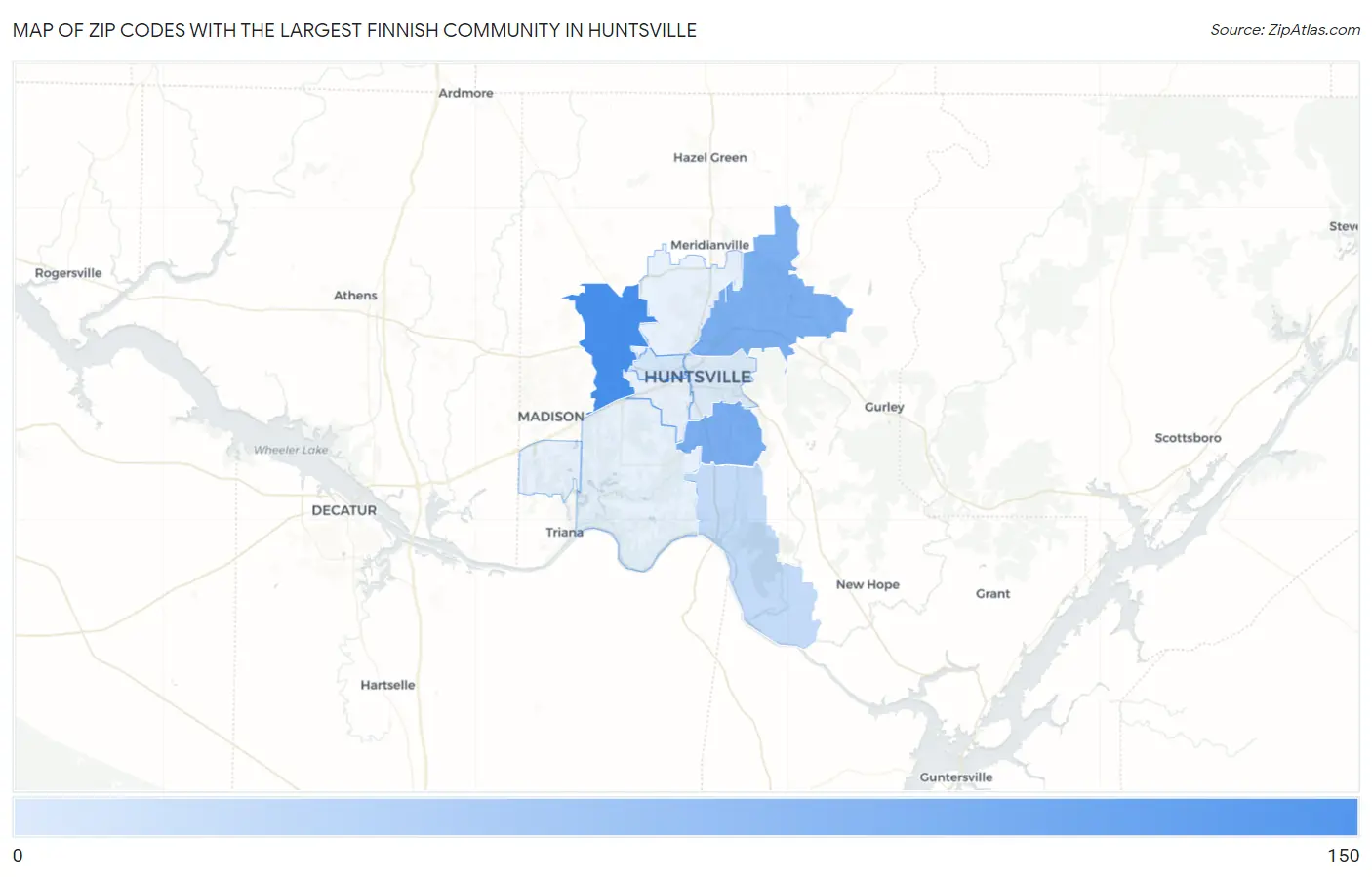 Zip Codes with the Largest Finnish Community in Huntsville Map