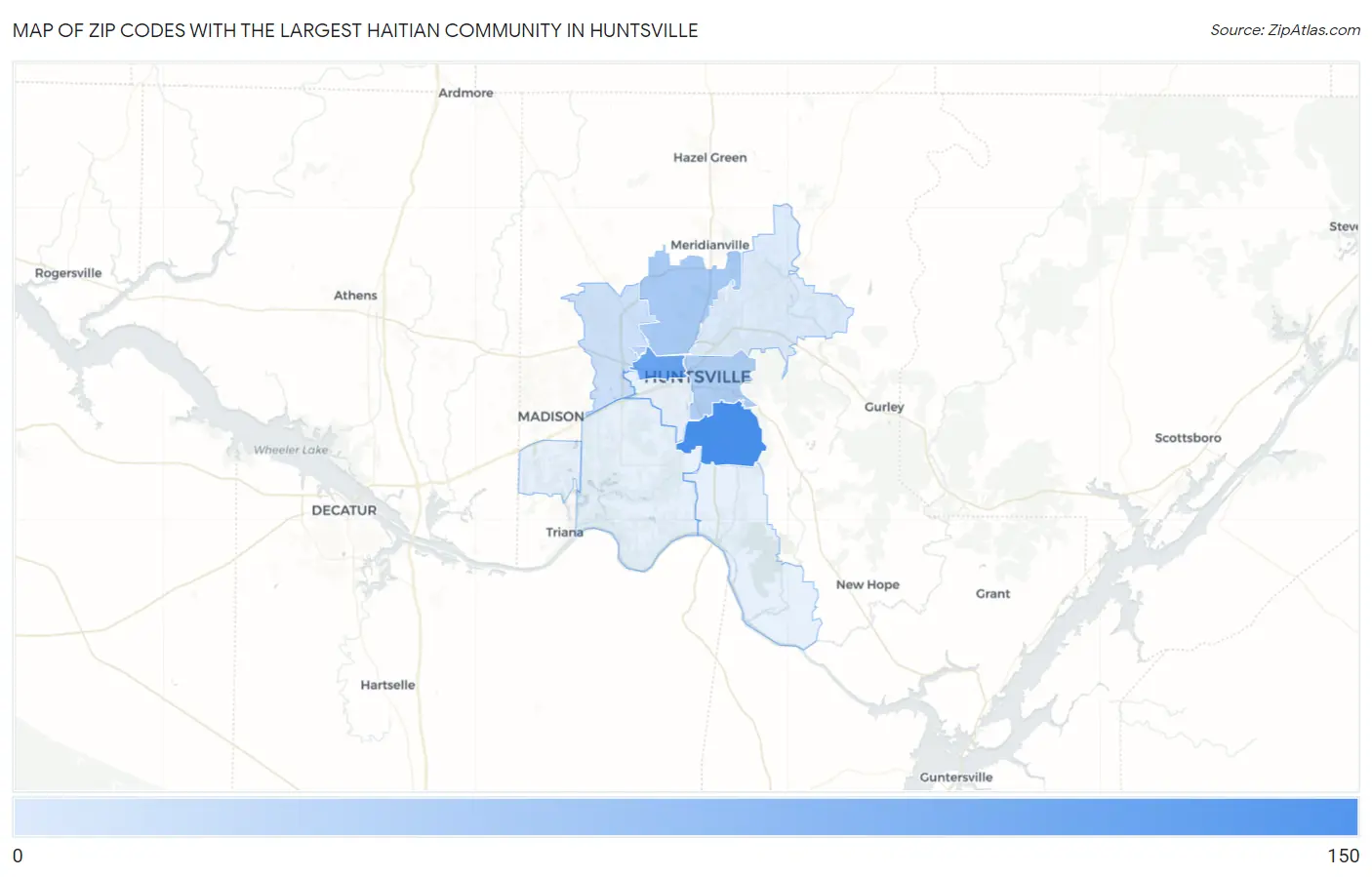 Zip Codes with the Largest Haitian Community in Huntsville Map