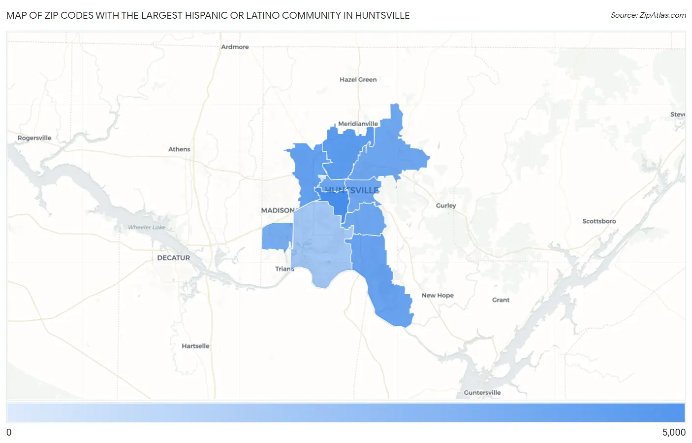 Zip Codes with the Largest Hispanic or Latino Community in Huntsville Map