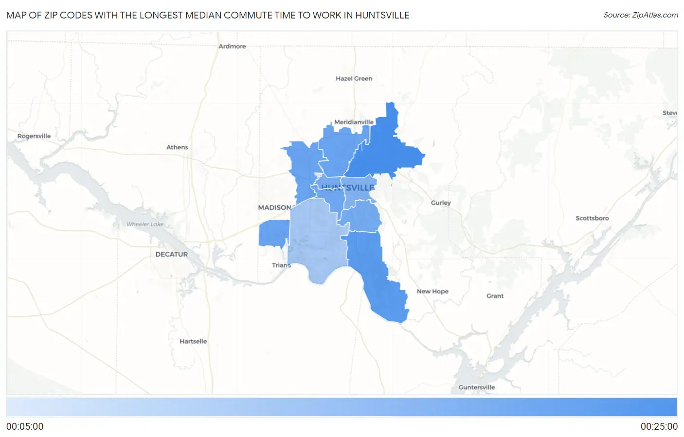 Zip Codes with the Longest Median Commute Time to Work in Huntsville Map
