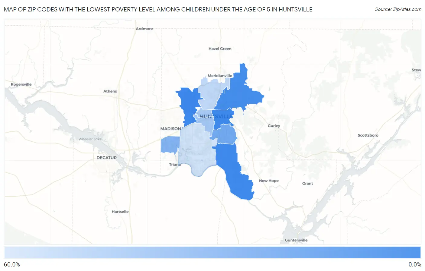 Zip Codes with the Lowest Poverty Level Among Children Under the Age of 5 in Huntsville Map