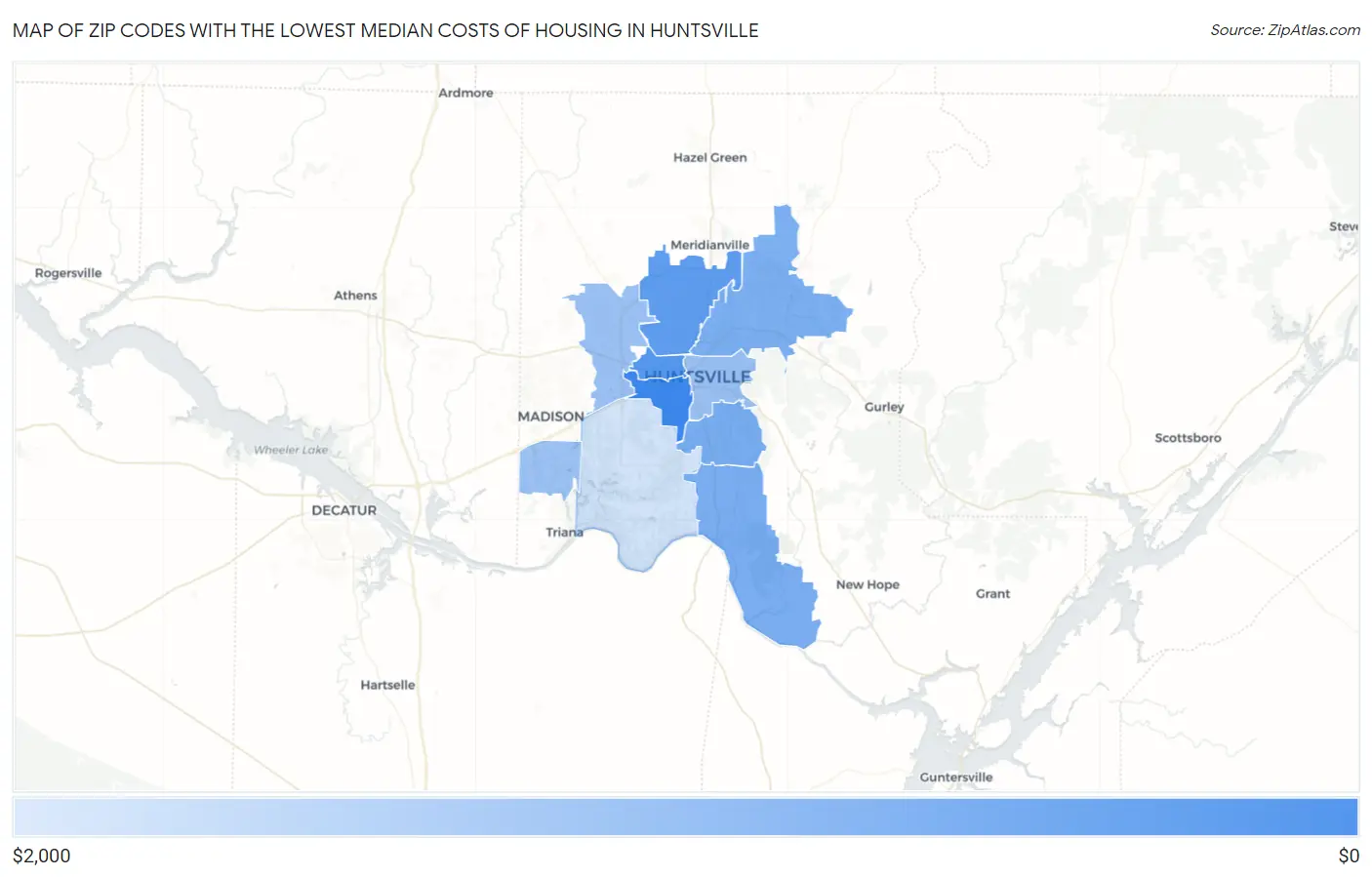 Zip Codes with the Lowest Median Costs of Housing in Huntsville Map