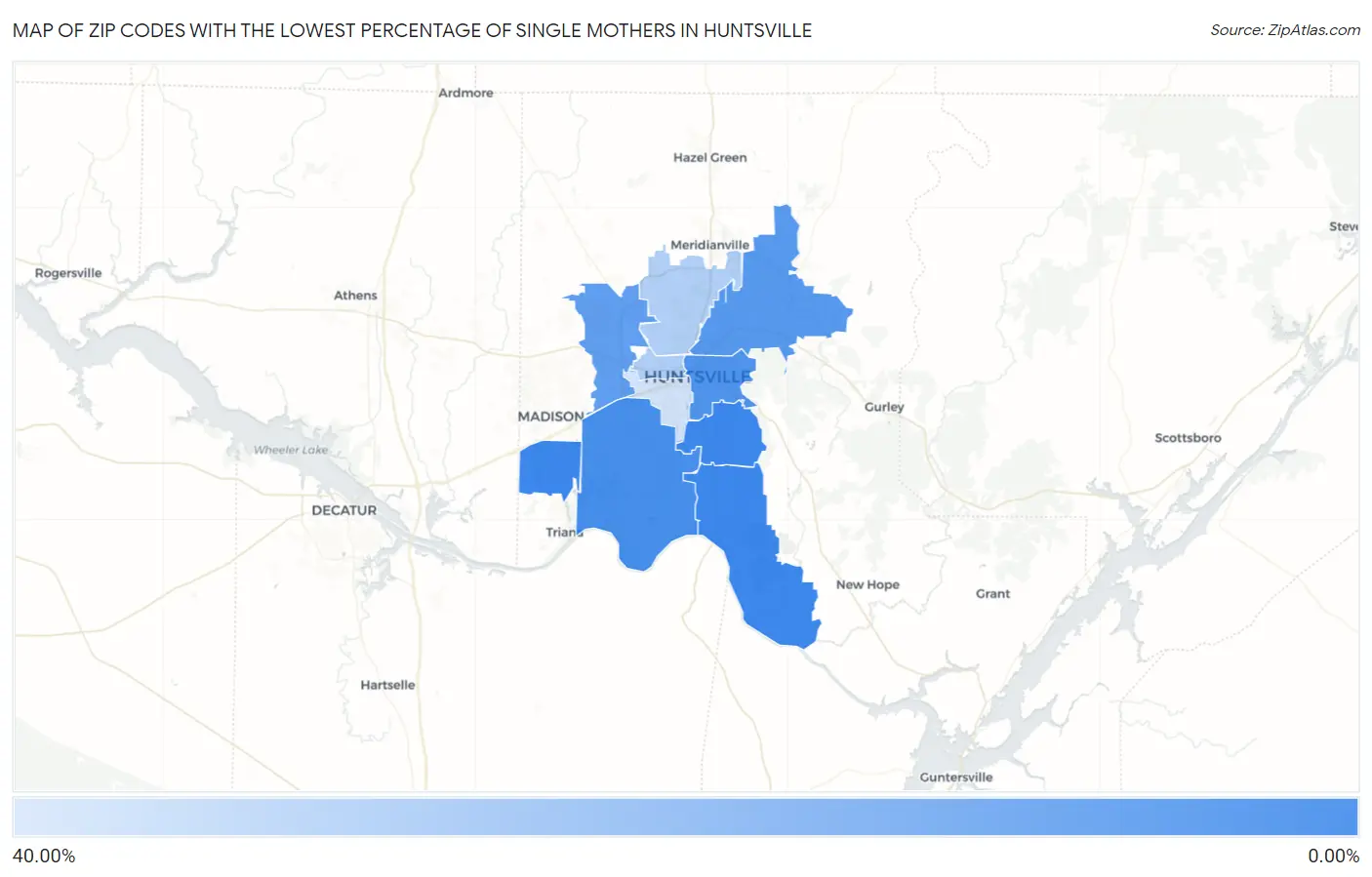 Zip Codes with the Lowest Percentage of Single Mothers in Huntsville Map