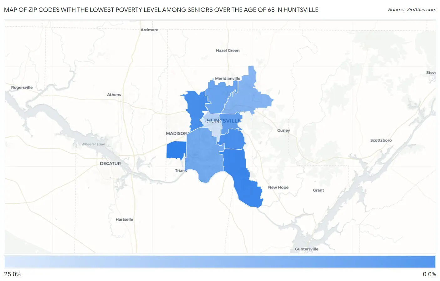 Zip Codes with the Lowest Poverty Level Among Seniors Over the Age of 65 in Huntsville Map