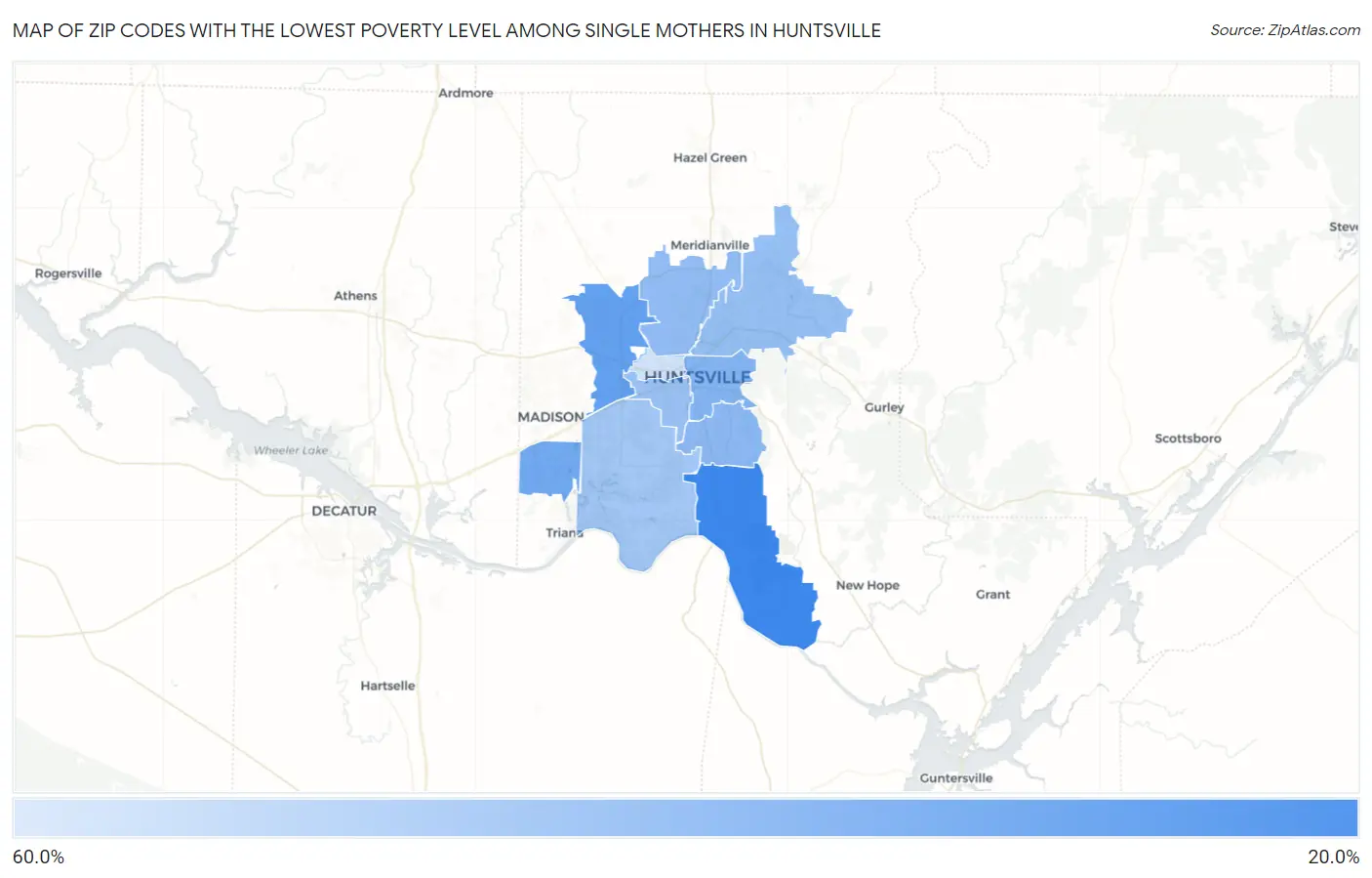 Zip Codes with the Lowest Poverty Level Among Single Mothers in Huntsville Map