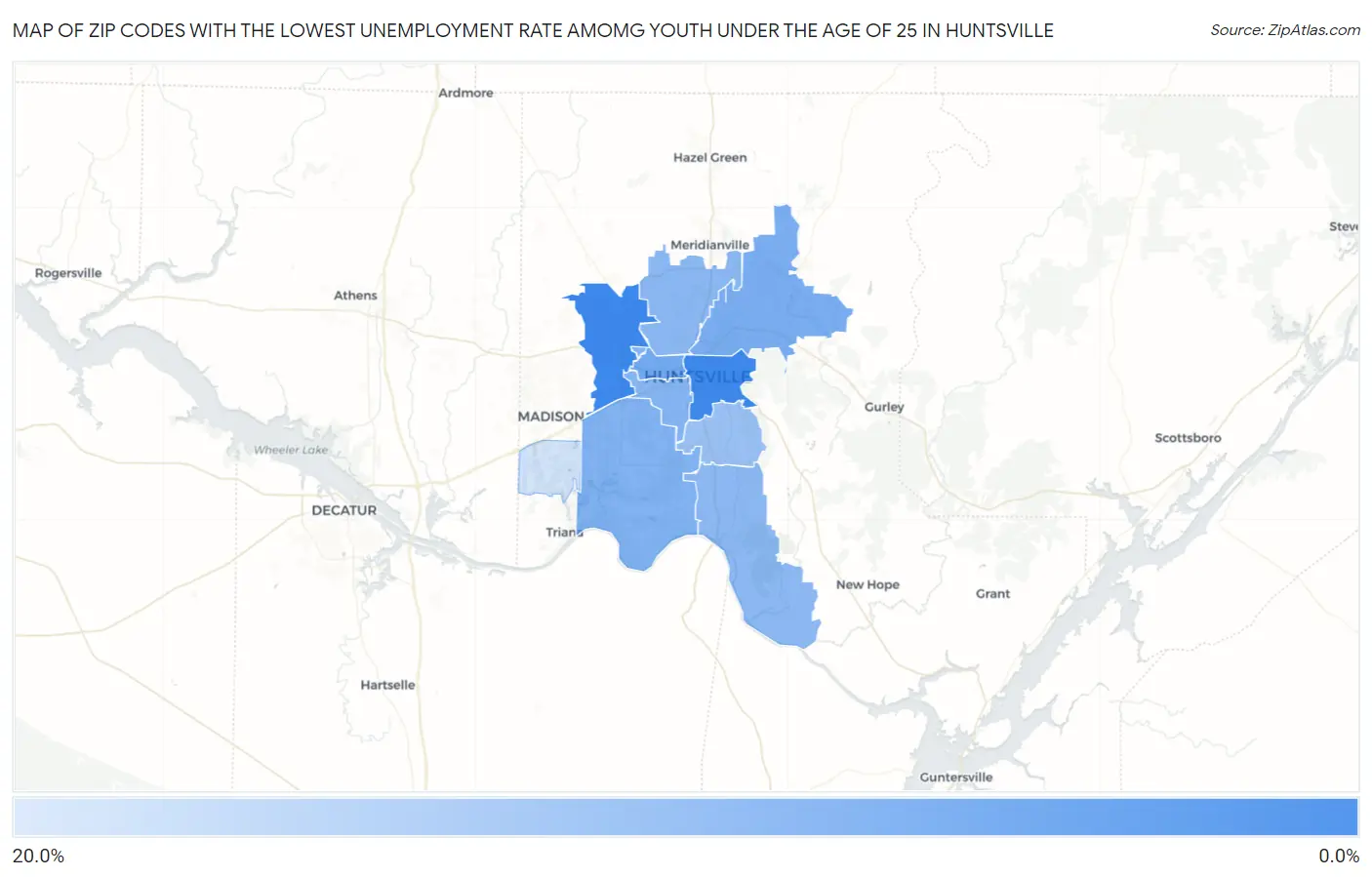 Zip Codes with the Lowest Unemployment Rate Amomg Youth Under the Age of 25 in Huntsville Map