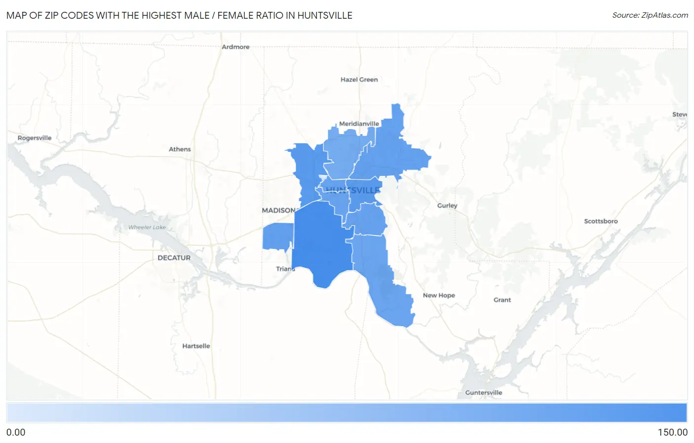 Zip Codes with the Highest Male / Female Ratio in Huntsville Map