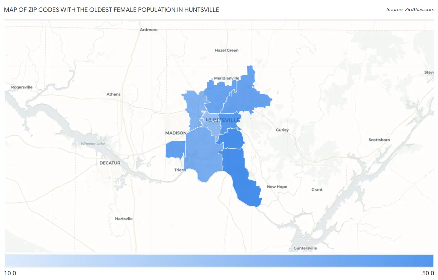 Zip Codes with the Oldest Female Population in Huntsville Map