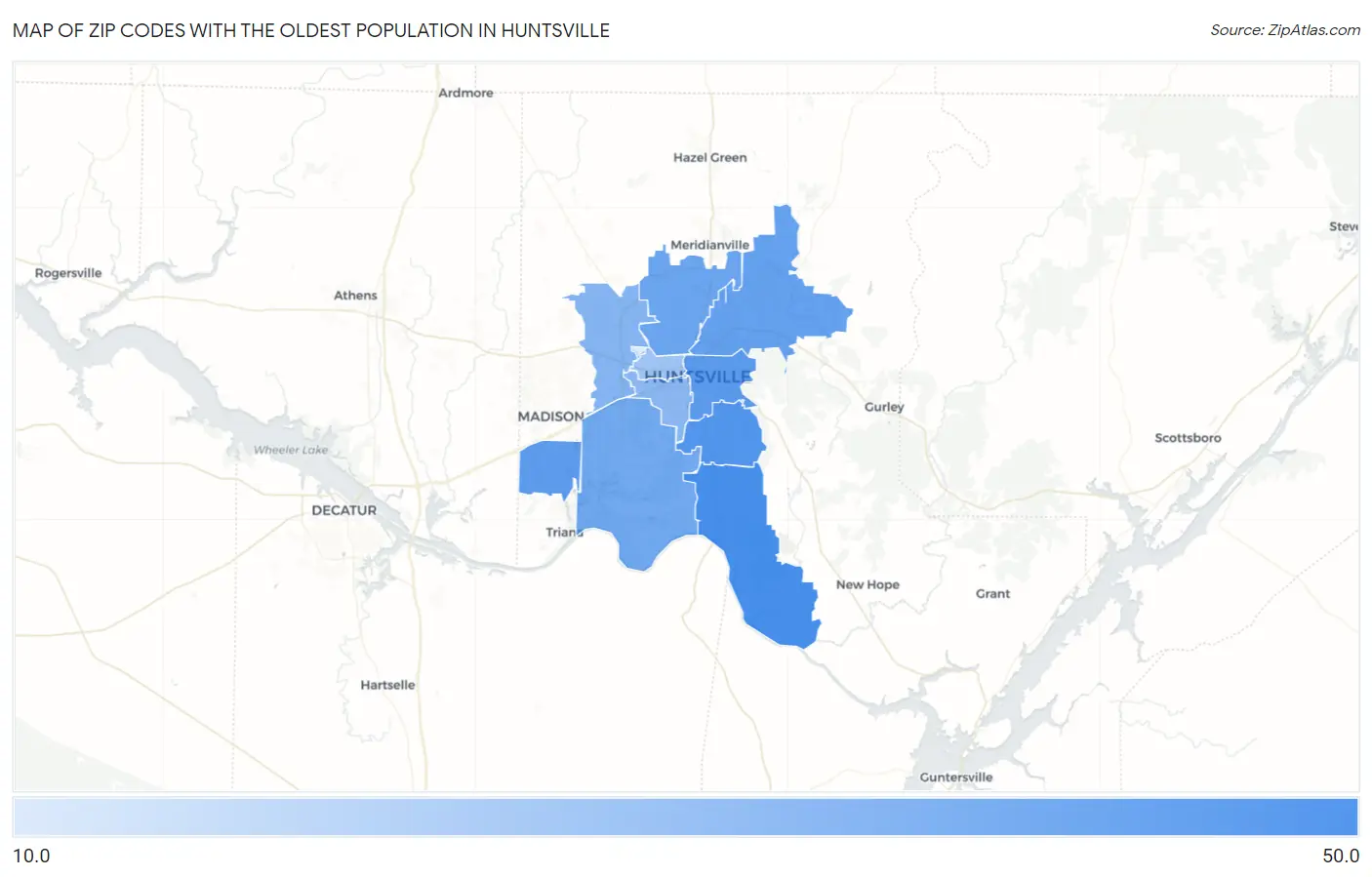 Zip Codes with the Oldest Population in Huntsville Map