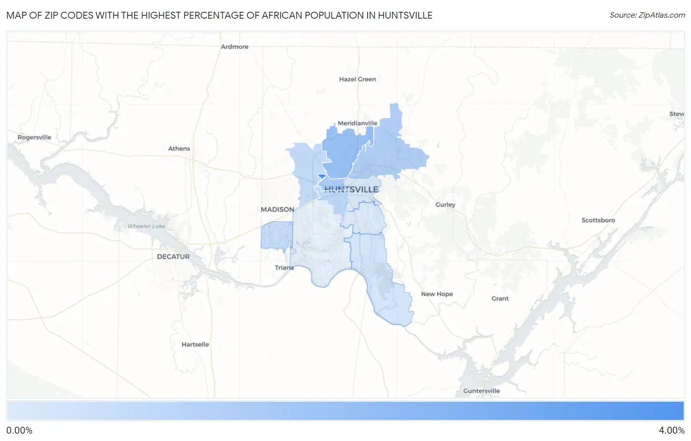 Zip Codes with the Highest Percentage of African Population in Huntsville Map