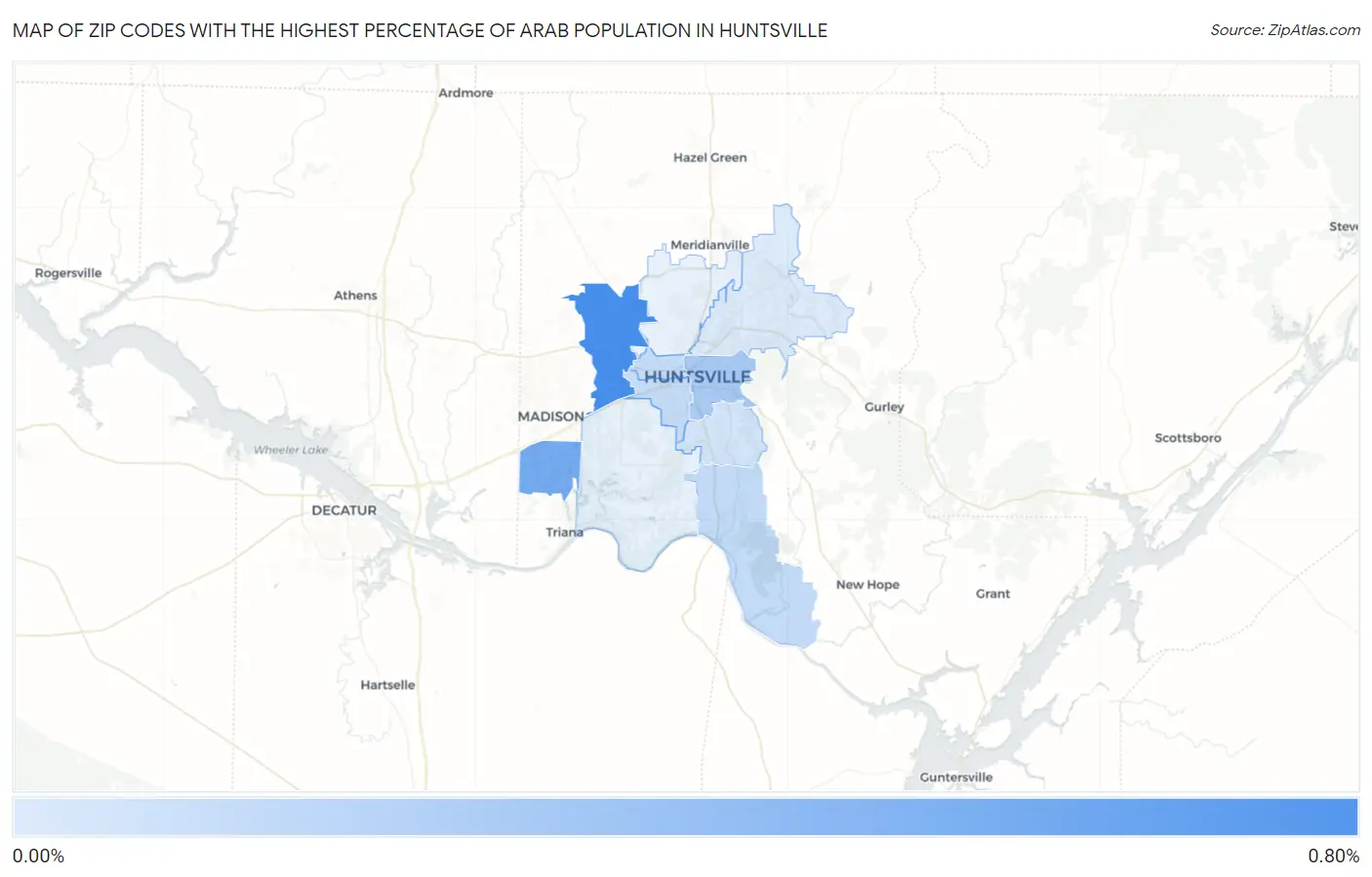 Zip Codes with the Highest Percentage of Arab Population in Huntsville Map