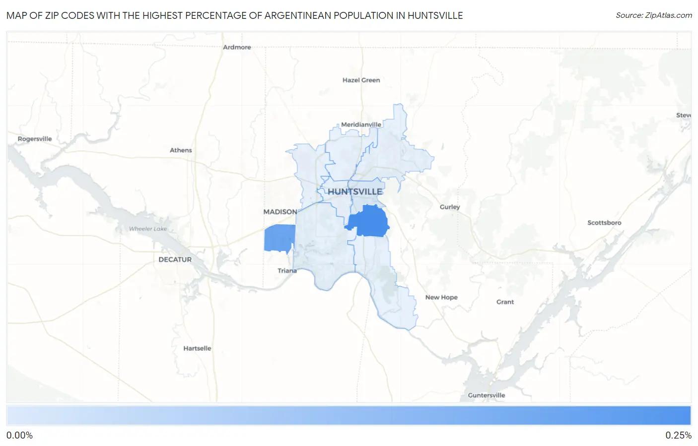 Zip Codes with the Highest Percentage of Argentinean Population in Huntsville Map