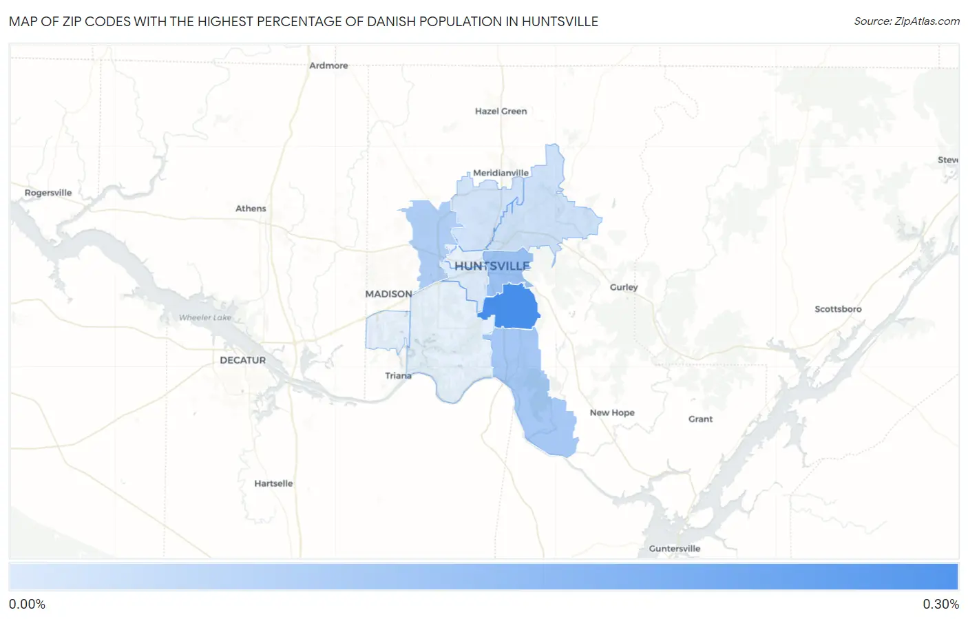 Zip Codes with the Highest Percentage of Danish Population in Huntsville Map