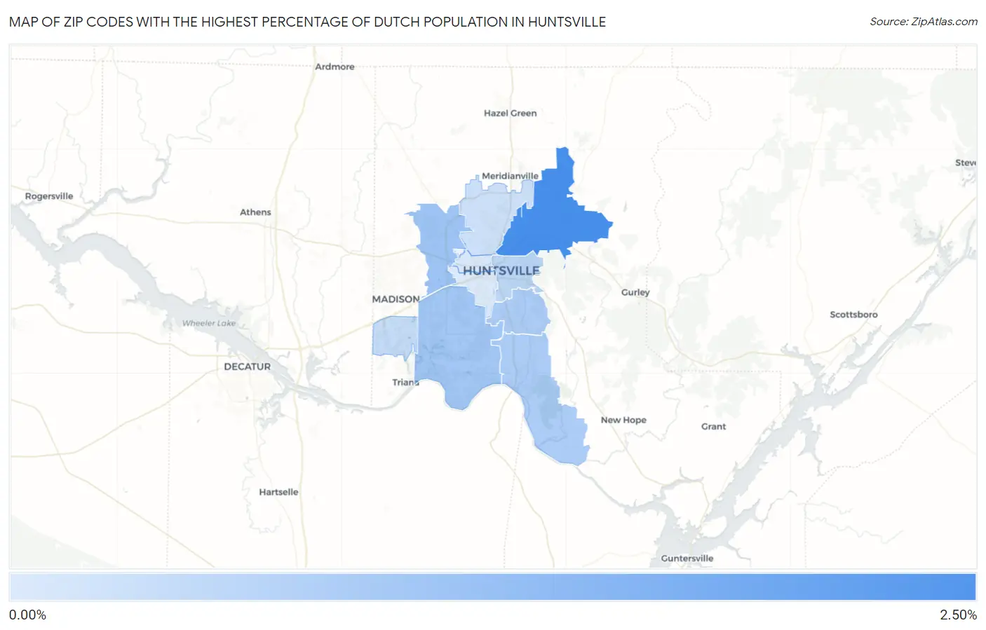 Zip Codes with the Highest Percentage of Dutch Population in Huntsville Map
