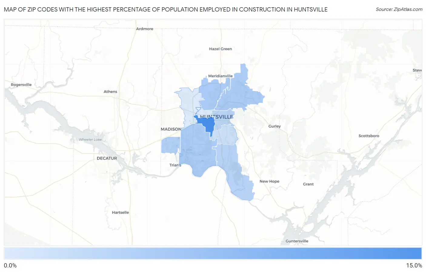 Zip Codes with the Highest Percentage of Population Employed in Construction in Huntsville Map