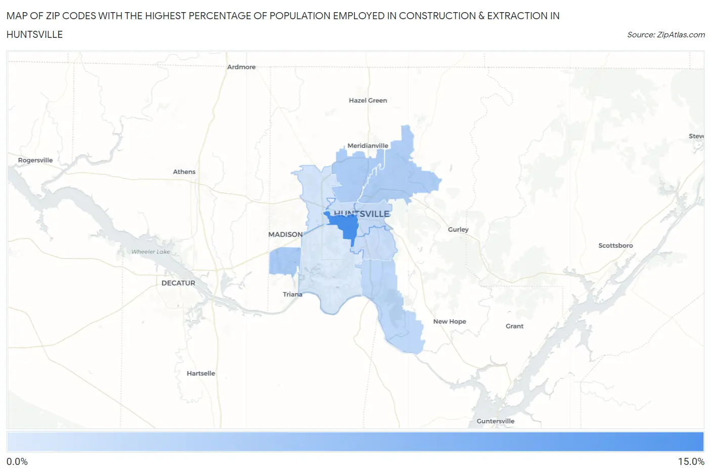 Zip Codes with the Highest Percentage of Population Employed in Construction & Extraction in Huntsville Map