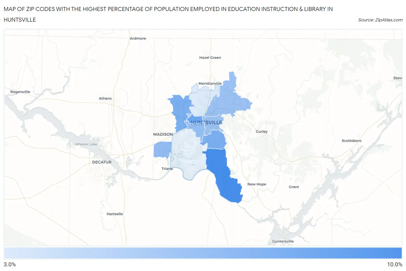 Zip Codes with the Highest Percentage of Population Employed in Education Instruction & Library in Huntsville Map