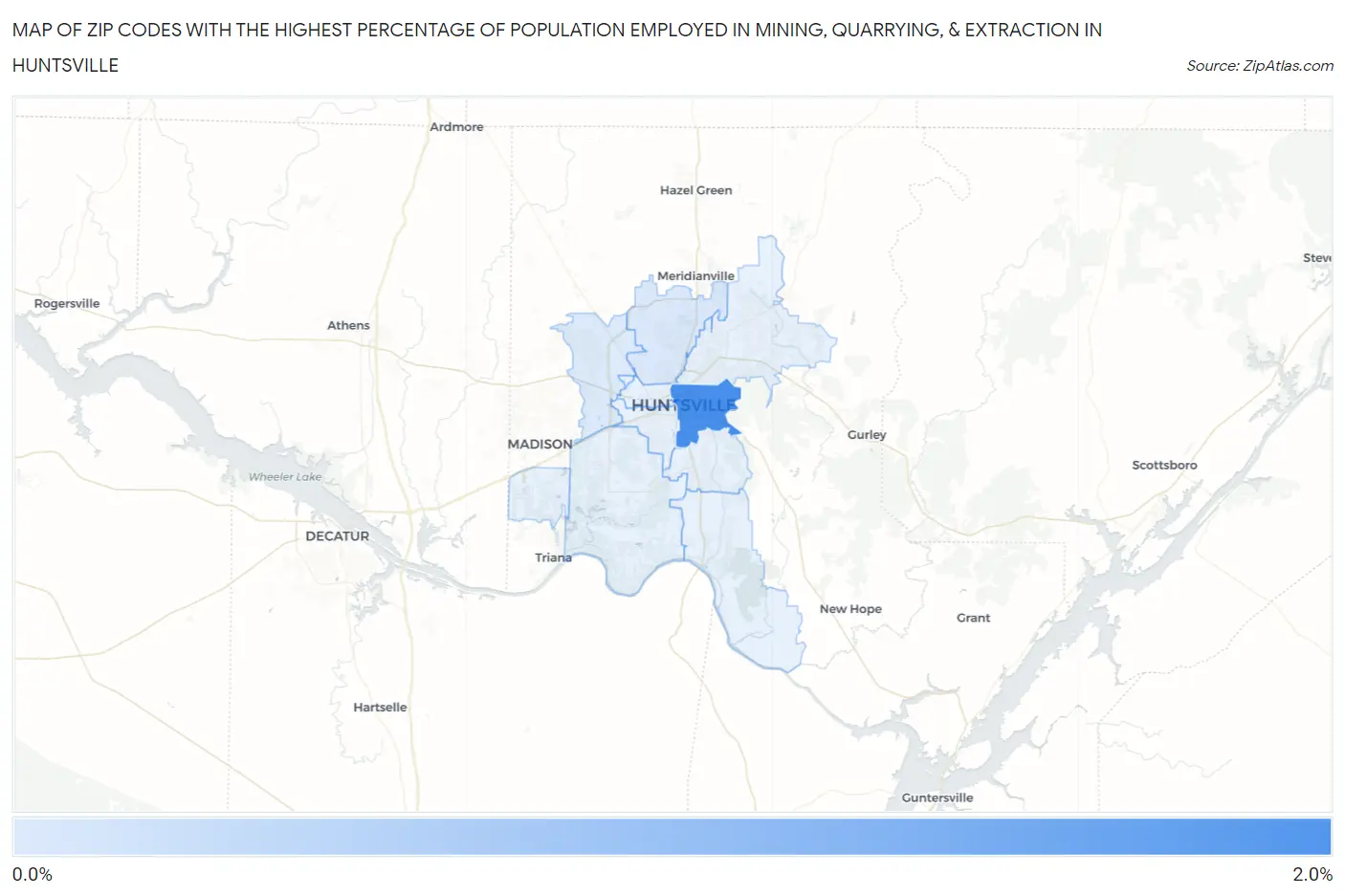 Zip Codes with the Highest Percentage of Population Employed in Mining, Quarrying, & Extraction in Huntsville Map