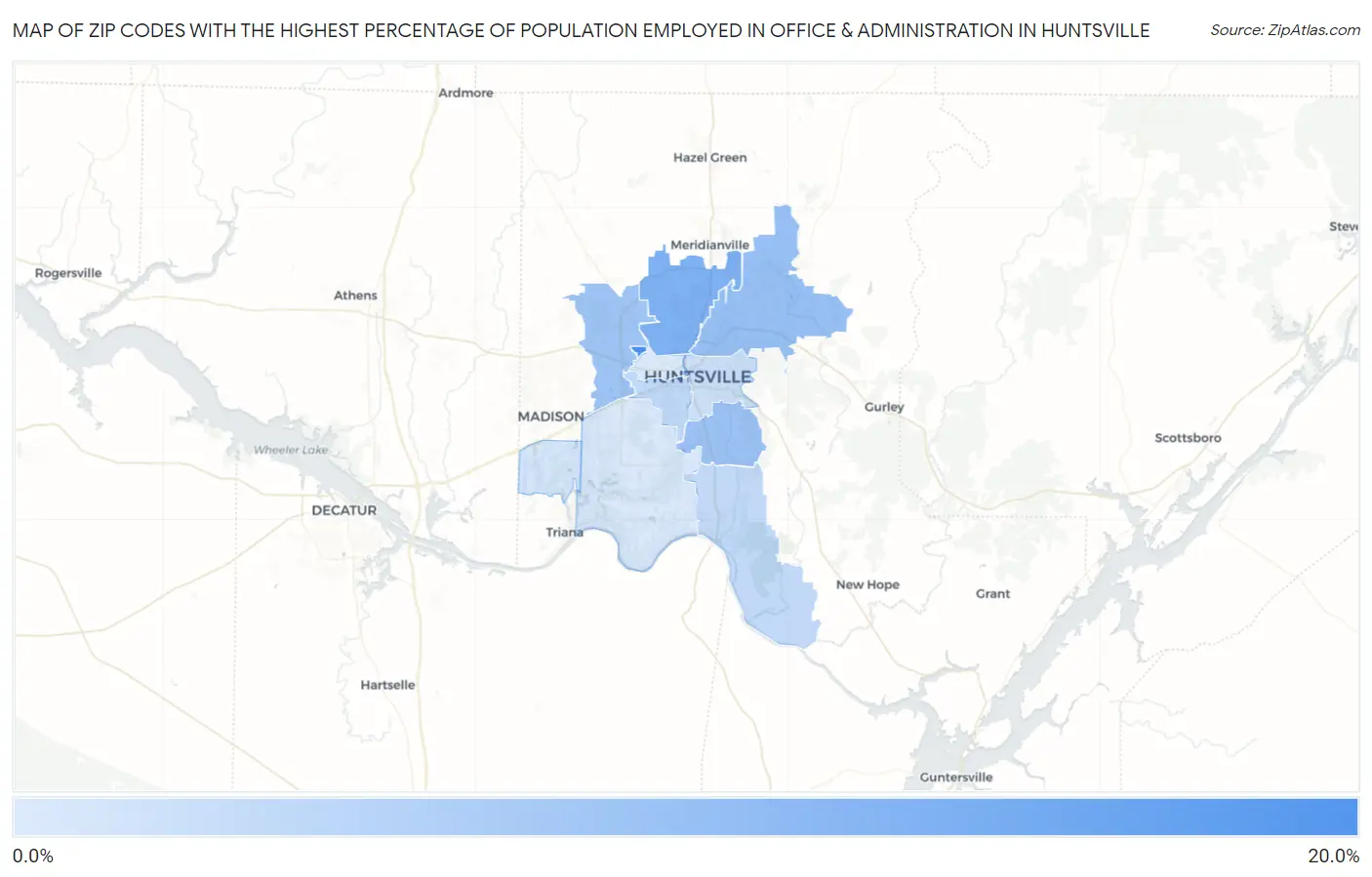 Zip Codes with the Highest Percentage of Population Employed in Office & Administration in Huntsville Map