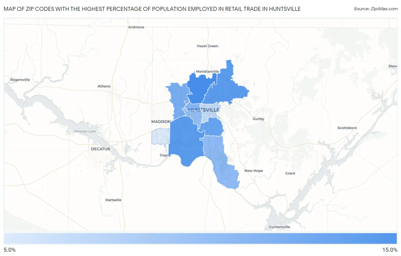 Zip Codes with the Highest Percentage of Population Employed in Retail Trade in Huntsville Map