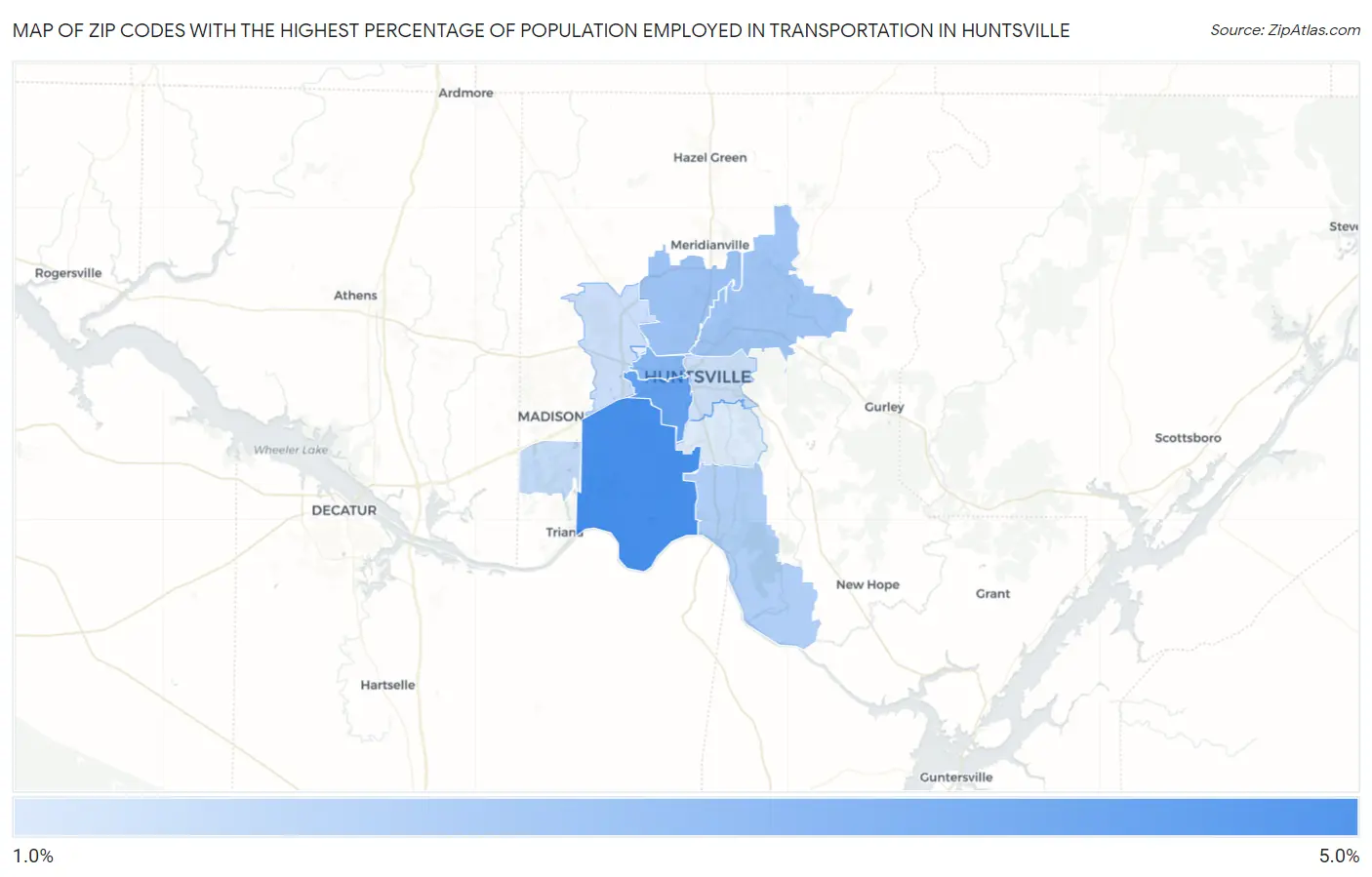 Zip Codes with the Highest Percentage of Population Employed in Transportation in Huntsville Map