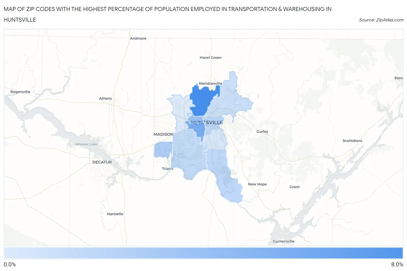 Zip Codes with the Highest Percentage of Population Employed in Transportation & Warehousing in Huntsville Map