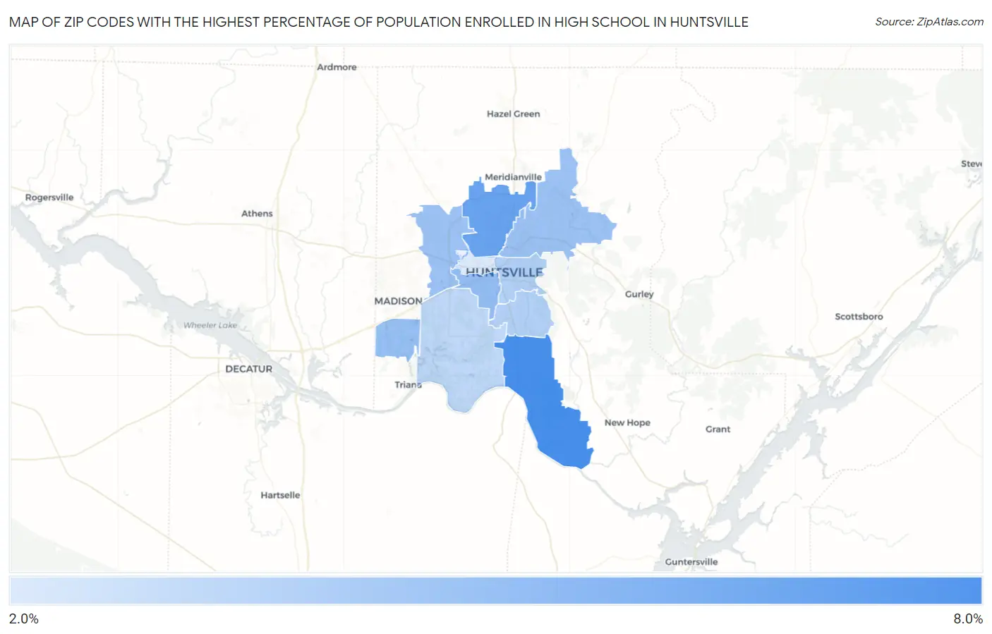 Zip Codes with the Highest Percentage of Population Enrolled in High School in Huntsville Map
