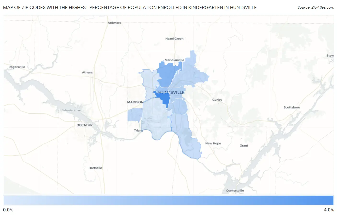Zip Codes with the Highest Percentage of Population Enrolled in Kindergarten in Huntsville Map