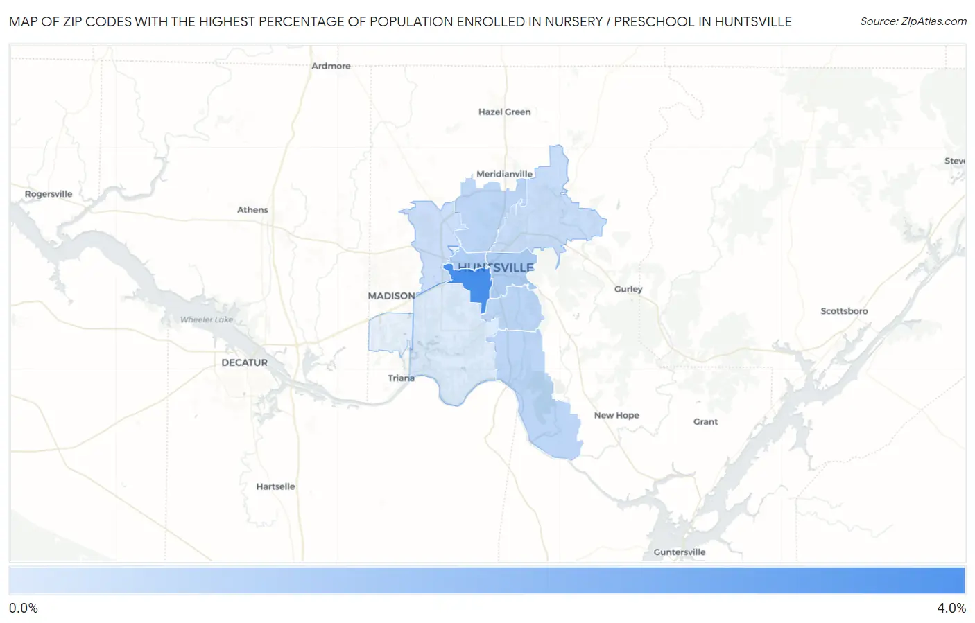 Zip Codes with the Highest Percentage of Population Enrolled in Nursery / Preschool in Huntsville Map