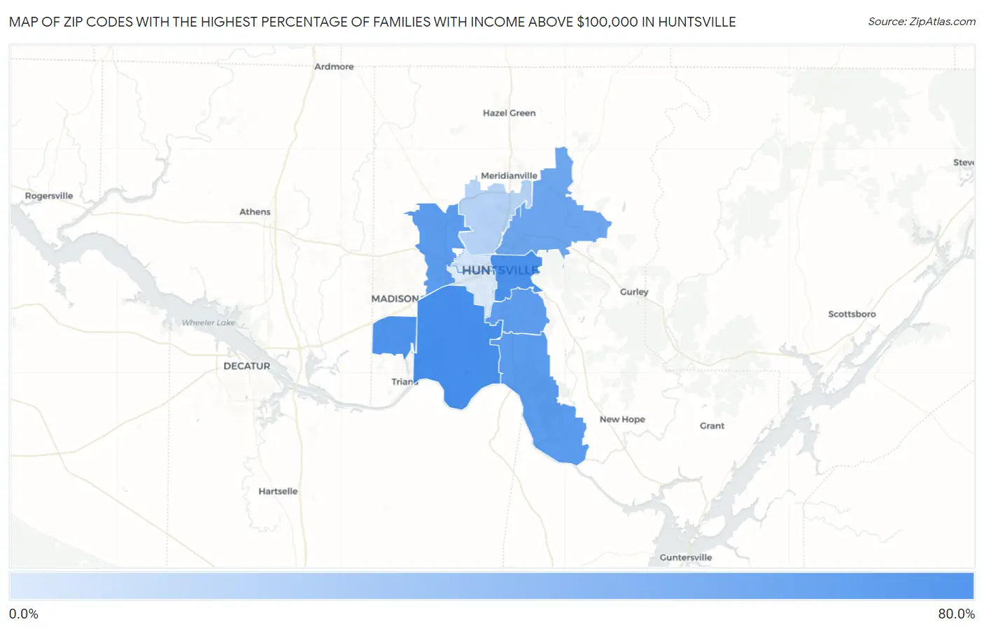 Zip Codes with the Highest Percentage of Families with Income Above $100,000 in Huntsville Map