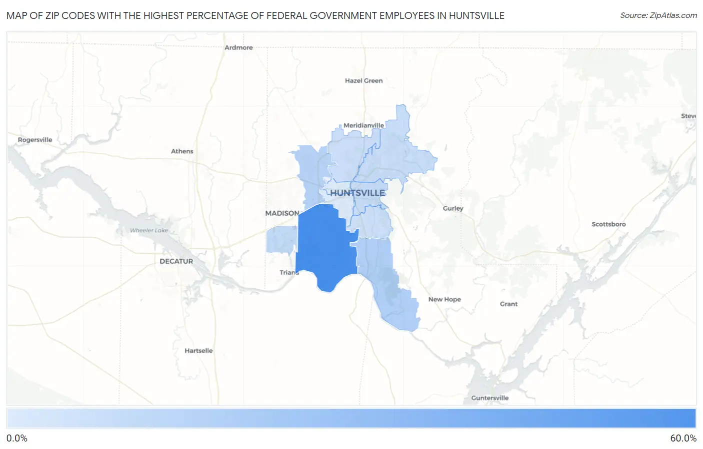 Zip Codes with the Highest Percentage of Federal Government Employees in Huntsville Map