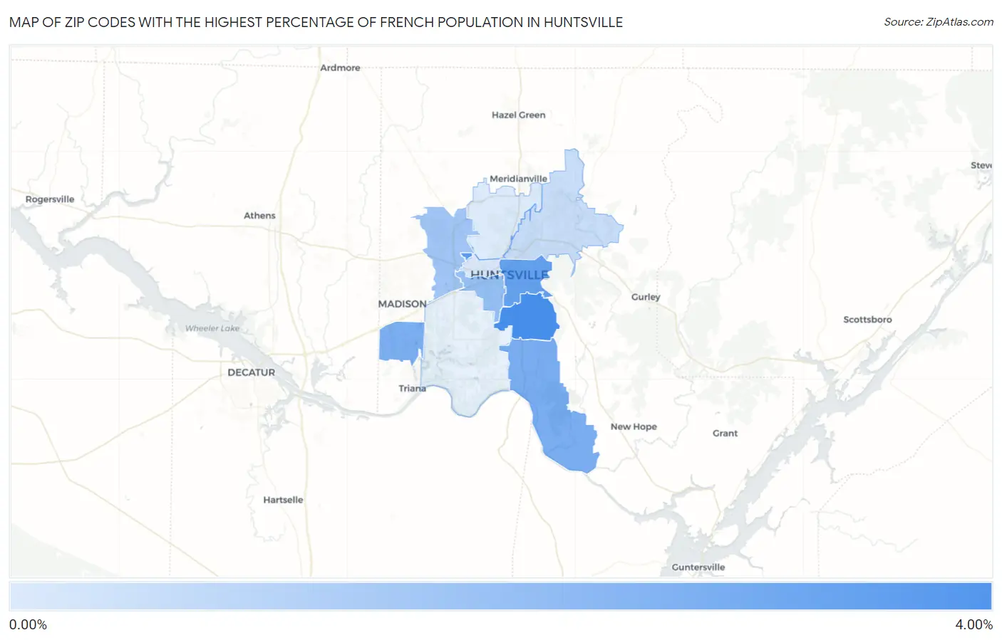 Zip Codes with the Highest Percentage of French Population in Huntsville Map