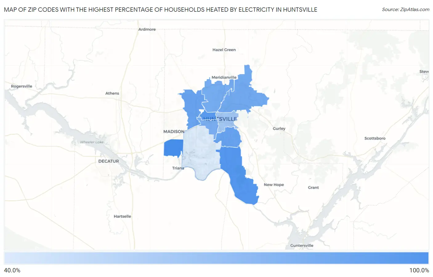 Zip Codes with the Highest Percentage of Households Heated by Electricity in Huntsville Map