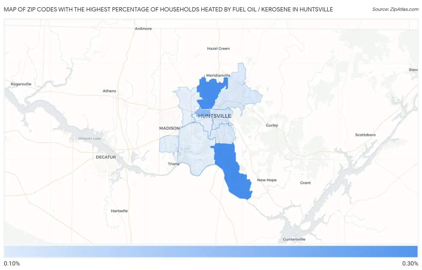Zip Codes with the Highest Percentage of Households Heated by Fuel Oil / Kerosene in Huntsville Map