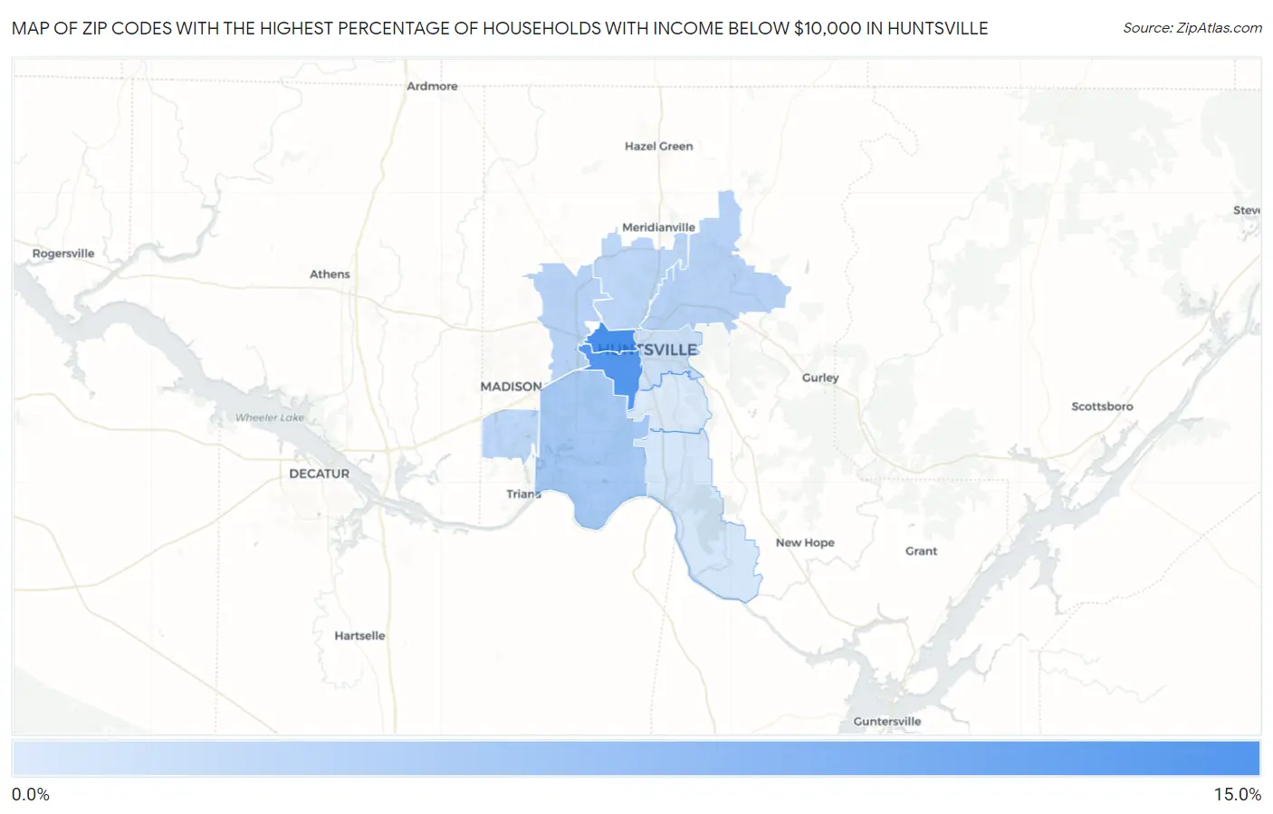 Zip Codes with the Highest Percentage of Households with Income Below $10,000 in Huntsville Map