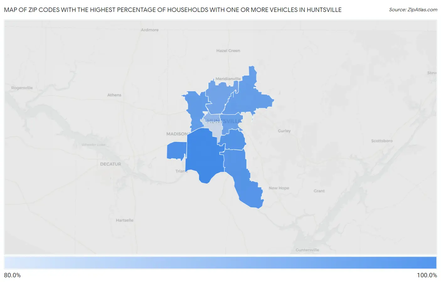 Zip Codes with the Highest Percentage of Households With One or more Vehicles in Huntsville Map