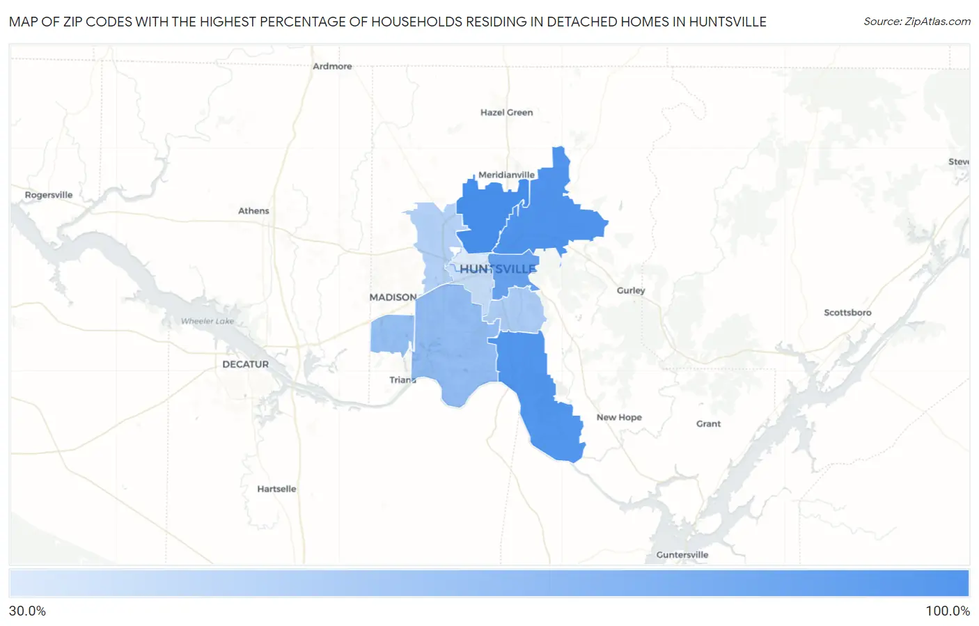 Zip Codes with the Highest Percentage of Households Residing in Detached Homes in Huntsville Map
