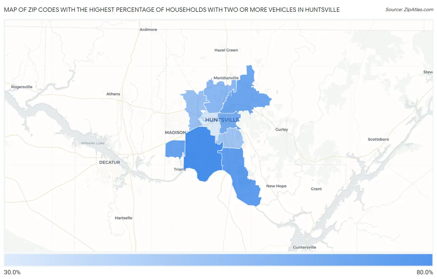Zip Codes with the Highest Percentage of Households With Two or more Vehicles in Huntsville Map